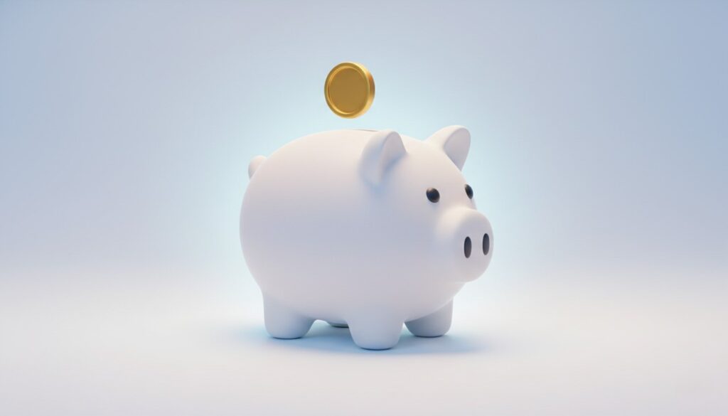 光をまとった貯金箱の3Dイラスト。コスト削減と資産を守るイメージ。