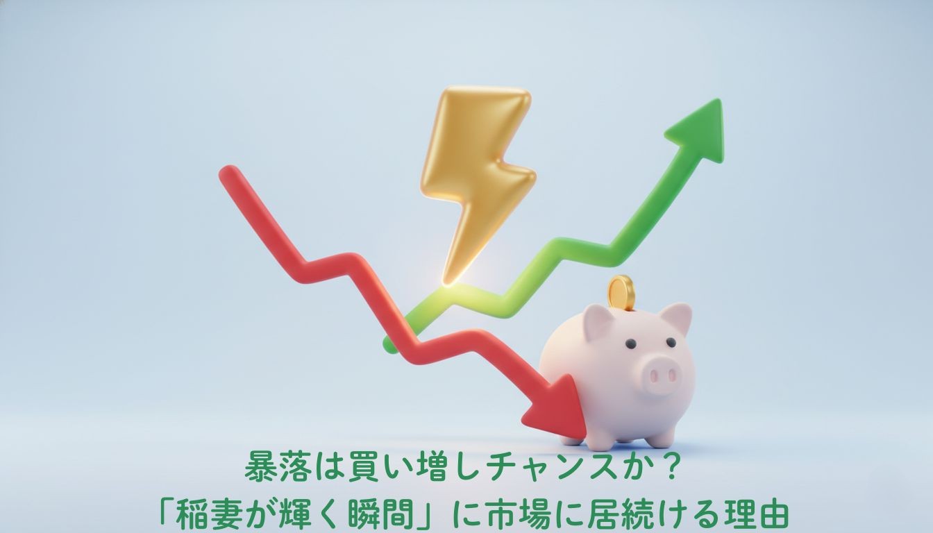 株価チャートの暴落地点に金の稲妻が落ち、上昇トレンドに転じる3Dイラスト