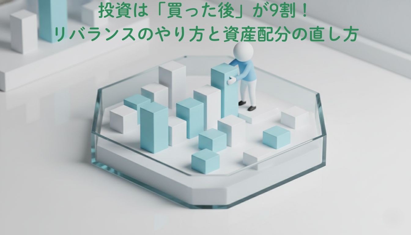 箱庭の中で資産のブロックを整列させている人のアイソメトリックイラスト。