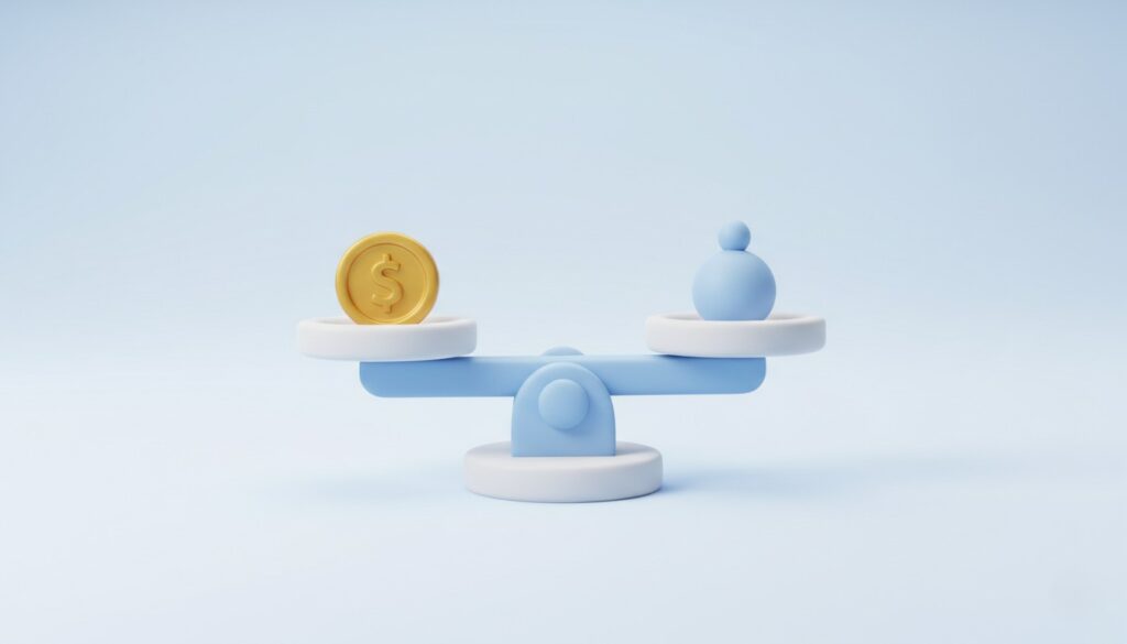 天秤のイラスト。単元未満株の少額投資におけるメリットと手数料などのデメリットのバランスを表現。
