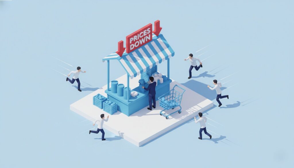 市場の暴落をバーゲンセールと捉えて冷静に買い物をしている投資家のイラスト
