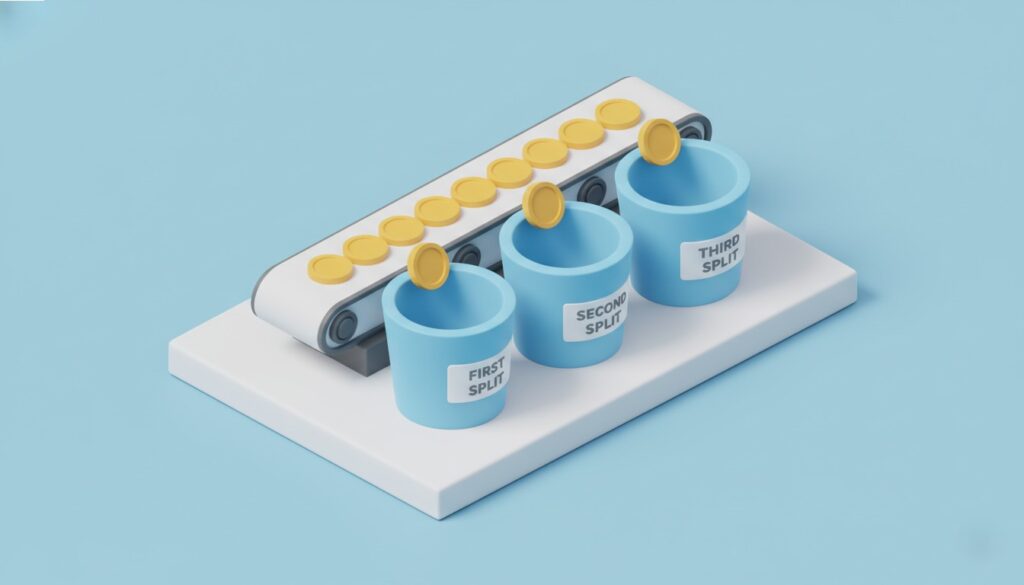 資金を3つのバケツに分けて投入する分割投資のルールを表すアイソメトリック図
