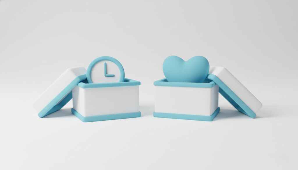 時間効率と安心感というそれぞれのメリットが入った箱の3Dイラスト